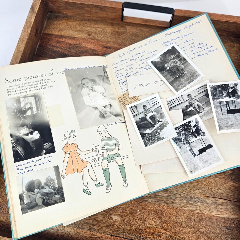 Vintage 1940s Our Baby's Book Blue Gold Scrapbook w Photos & Ephemera & Writings